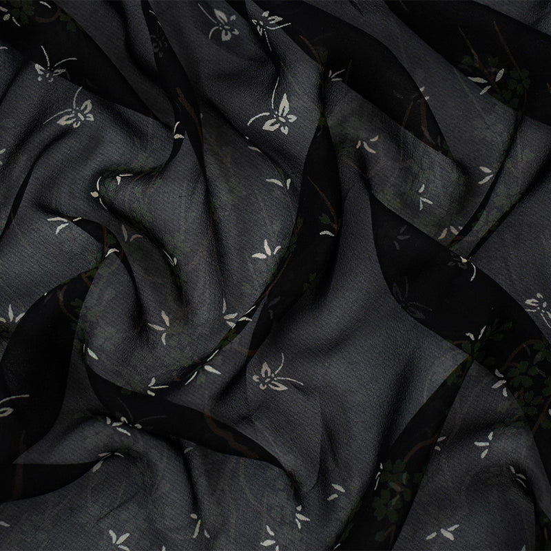 Black-Green-Multi Silk Butterfly Floral Printed Chiffon Woven Fabric