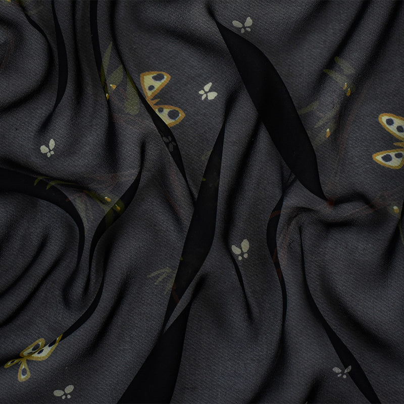 Black-Brown-Multi Silk Butterfly Branch Printed Chiffon Woven Fabric