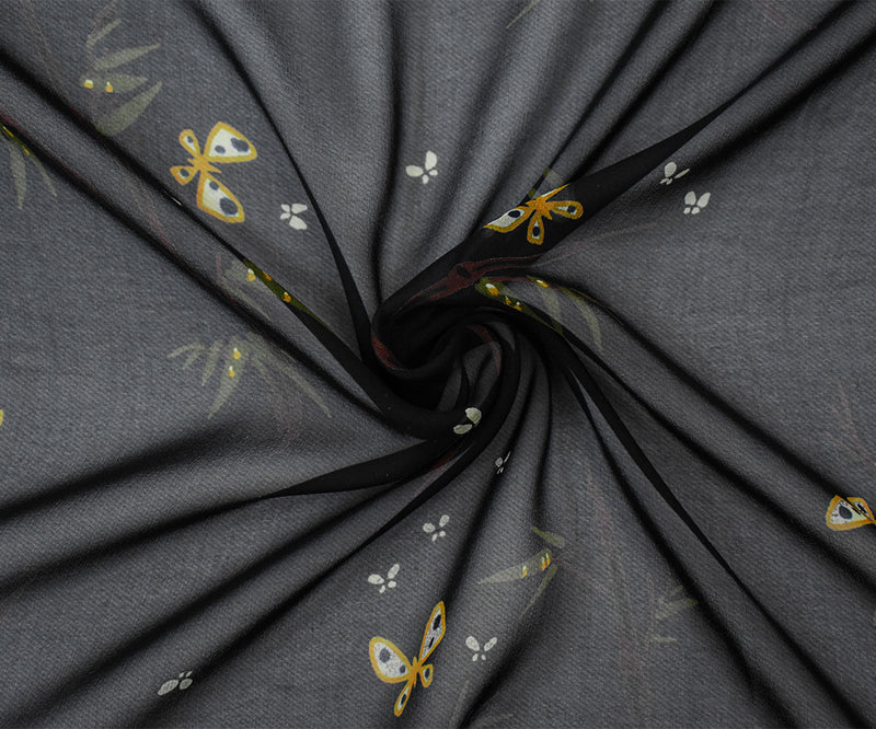 Black-Brown-Multi Silk Butterfly Branch Printed Chiffon Woven Fabric