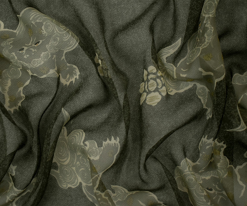 Black-Gray-Multi Silk Folklore Creature Printed Chiffon Woven Fabric