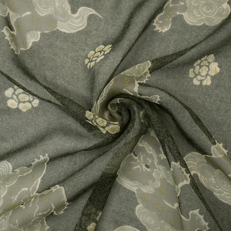 Black-Gray-Multi Silk Folklore Creature Printed Chiffon Woven Fabric
