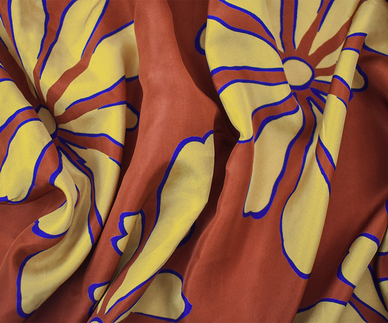 Brown-Beige-Blue Silk Floral Printed Charmeuse Fabric