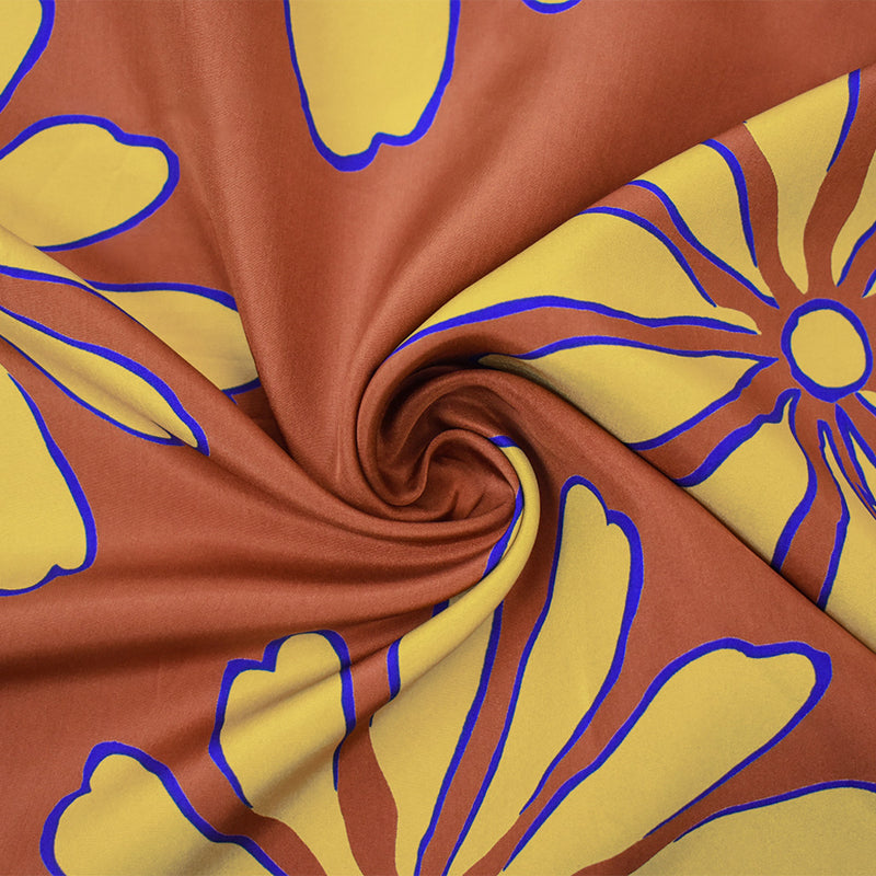 Brown-Beige-Blue Silk Floral Printed Charmeuse Fabric