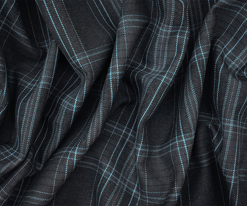 Deep Gray-Blue-White Poly Wool Plaid Woven Suiting Twill Fabric