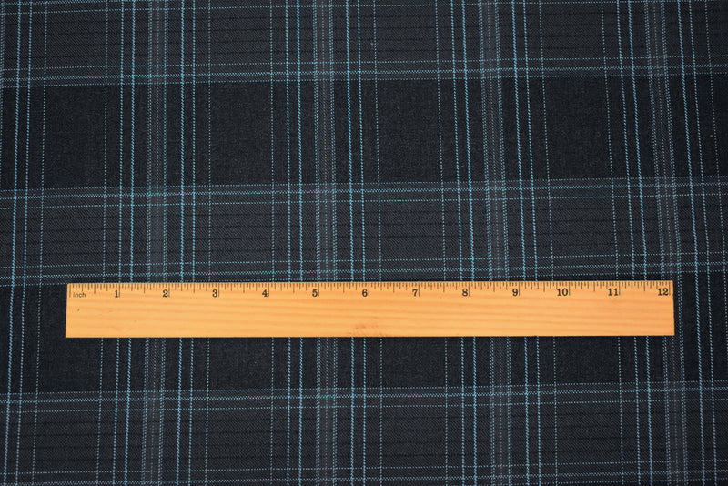 Deep Gray-Blue-White Poly Wool Plaid Woven Suiting Twill Fabric