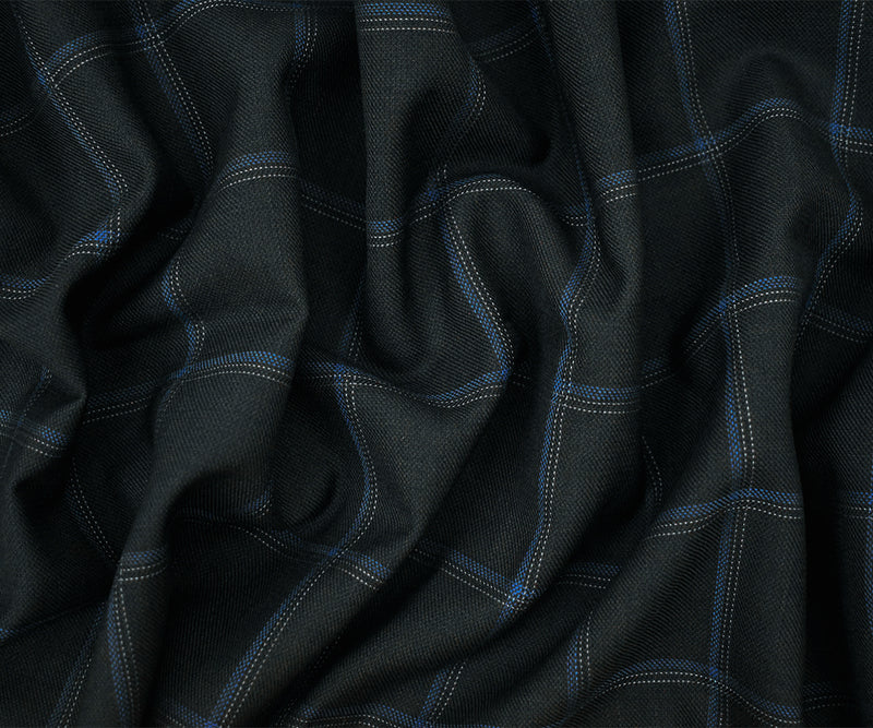 Black-Gray-Blue Poly-Wool Check-Plaid Shirting Twill Woven Fabric