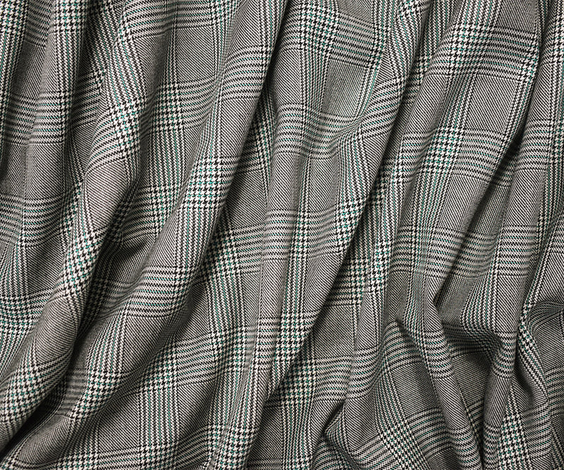 Black-Green-White Wool-Poly Japanese Plaid Woven Suiting Fabric