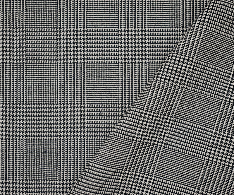 Black-White Wool-Polyester Glen Plaid Woven Suiting Fabric