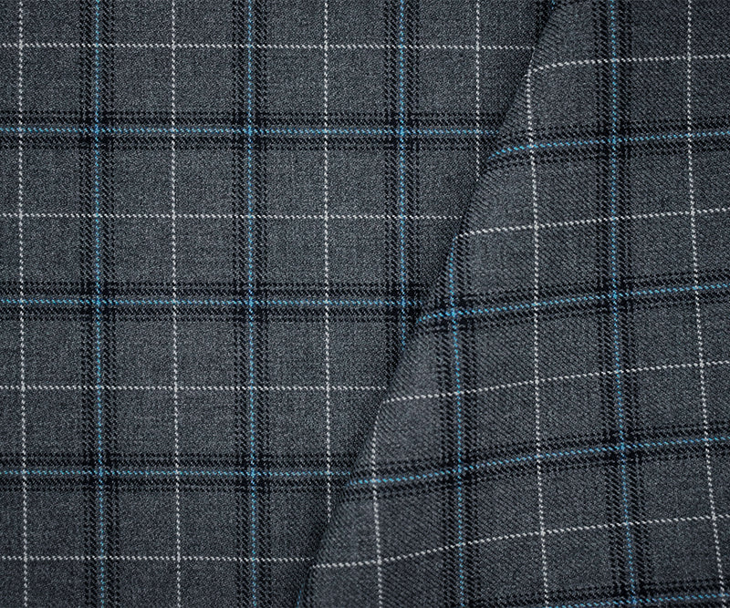 Gray-Blue-Multi Poly-Wool Plaid Woven Twill Suiting Fabric
