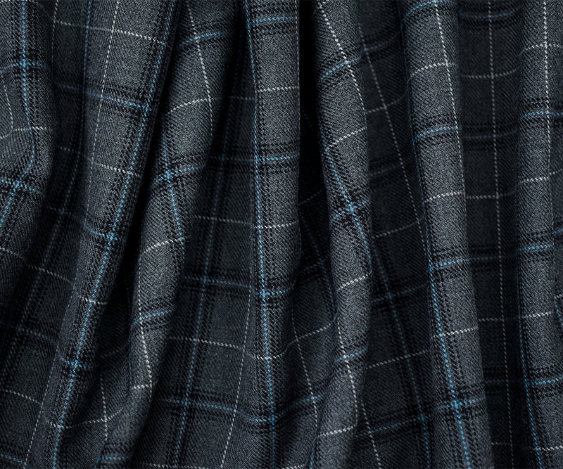 Gray-Blue-Multi Poly-Wool Plaid Woven Twill Suiting Fabric