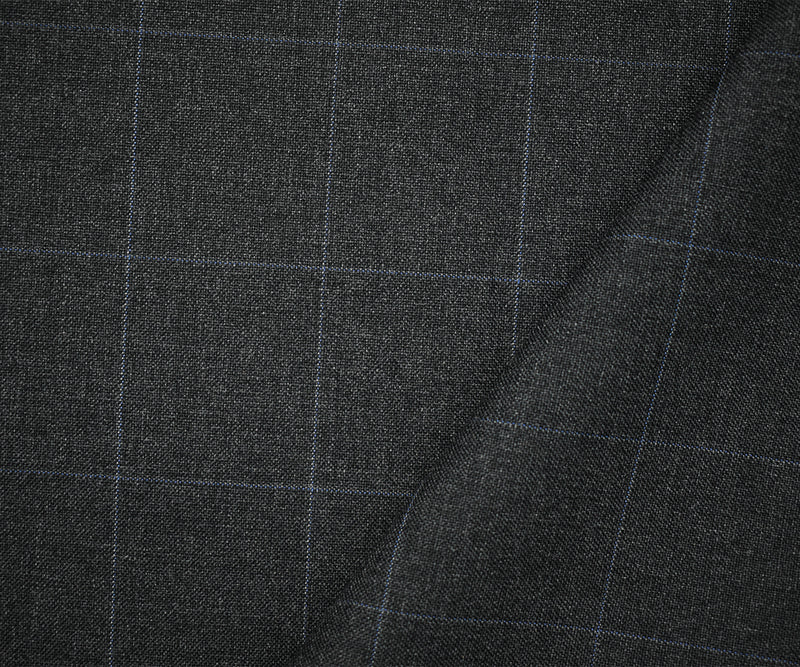 Deep Gray-Black-Blue Wool-Polyester Grid Check Shirting Woven Fabric