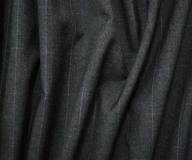 Deep Gray-Black-Blue Wool-Polyester Grid Check Shirting Woven Fabric