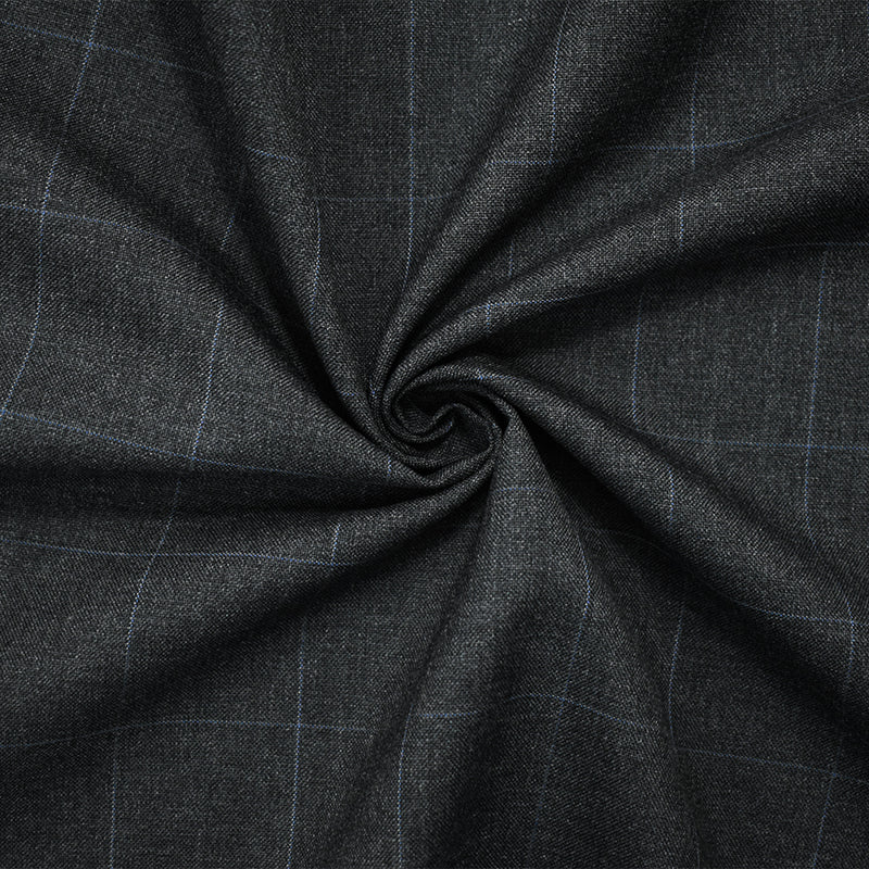 Deep Gray-Black-Blue Wool-Polyester Grid Check Shirting Woven Fabric