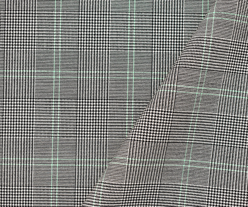 Black-Gray-Green Wool-Polyester Glen Plaid Woven Shirting Fabric