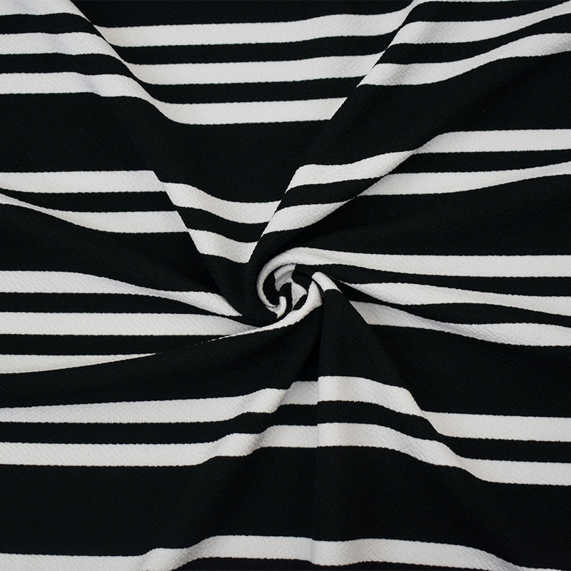 Black-White Poly Cotton Stripe Print Stretch Crepe Double Knit Fabric