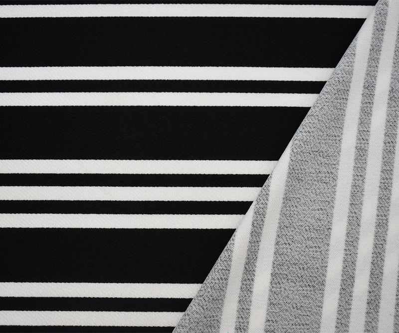 Black-White Poly Cotton Stripe Print Stretch Crepe Double Knit Fabric