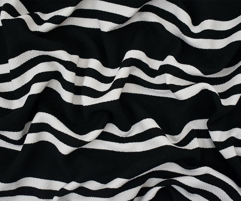 Black-White Poly Cotton Stripe Print Stretch Crepe Double Knit Fabric