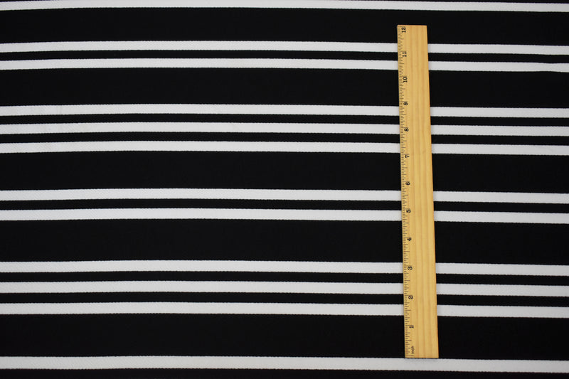 Black-White Poly Cotton Stripe Print Stretch Crepe Double Knit Fabric