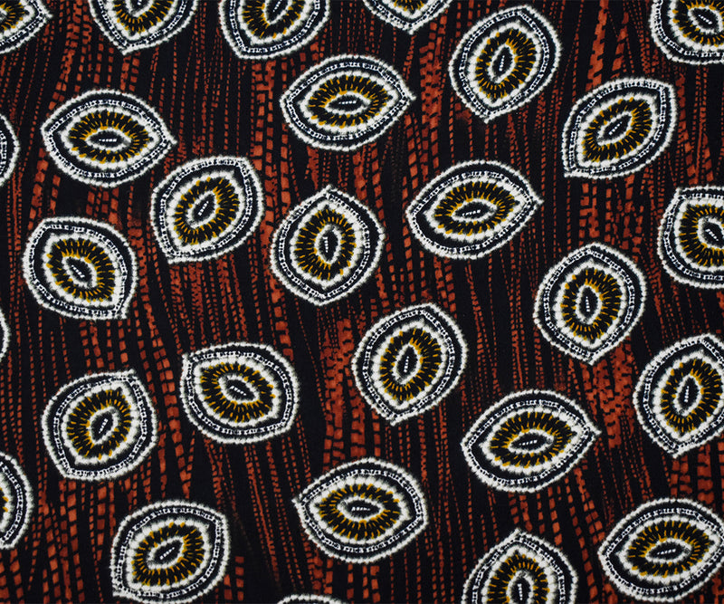 Black-Red-Multi  Abstract Tie Dye Printed Poly Challis Woven Fabric