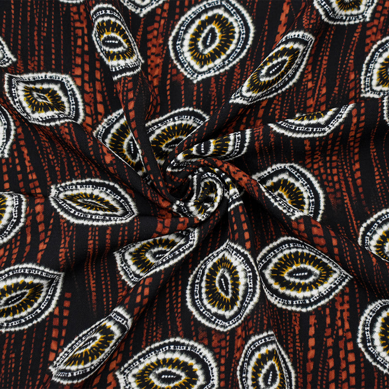 Black-Red-Multi  Abstract Tie Dye Printed Poly Challis Woven Fabric