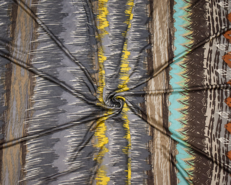 Brown-Gray-Multi Abstract Aztec Border Print Stretch Silk Jersey Knit Fabric
