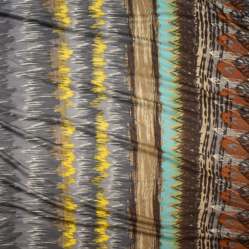 Brown-Gray-Multi Abstract Aztec Border Print Stretch Silk Jersey Knit Fabric