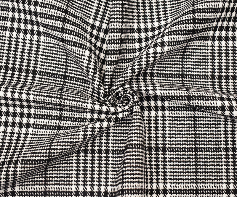 Black-White Melton Poly-Wool Glen Plaid Woven Jacketing Fabric