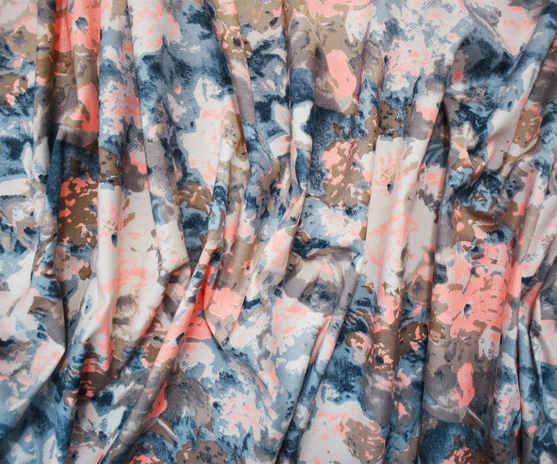 Blue-Coral-Multi Abstract Floral Print Stretch Spandex Twill Sateen Fabric