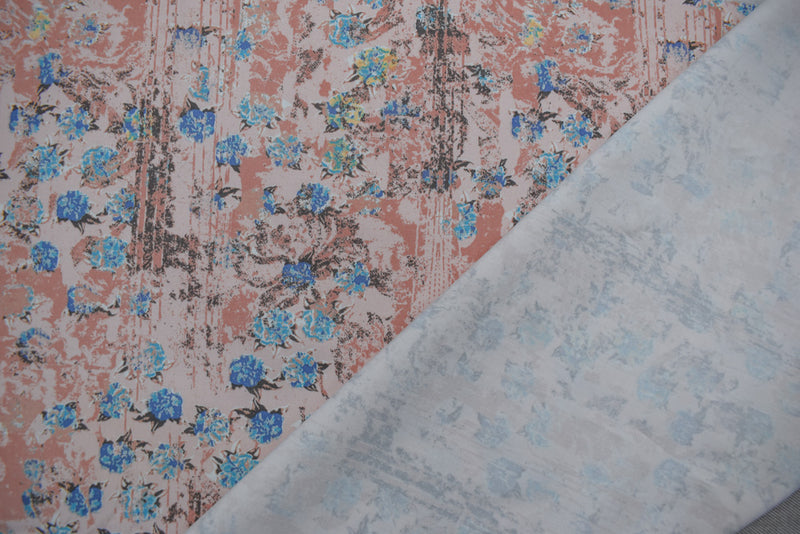 Pink-Multi Cotton Floral Texture Printed Stretch Twill Sateen Woven Fabric