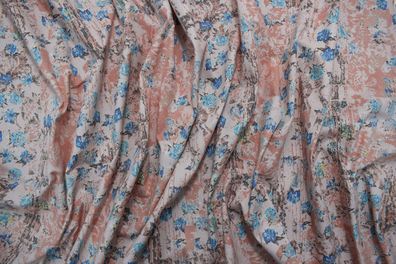 Pink-Multi Cotton Floral Texture Printed Stretch Twill Sateen Woven Fabric