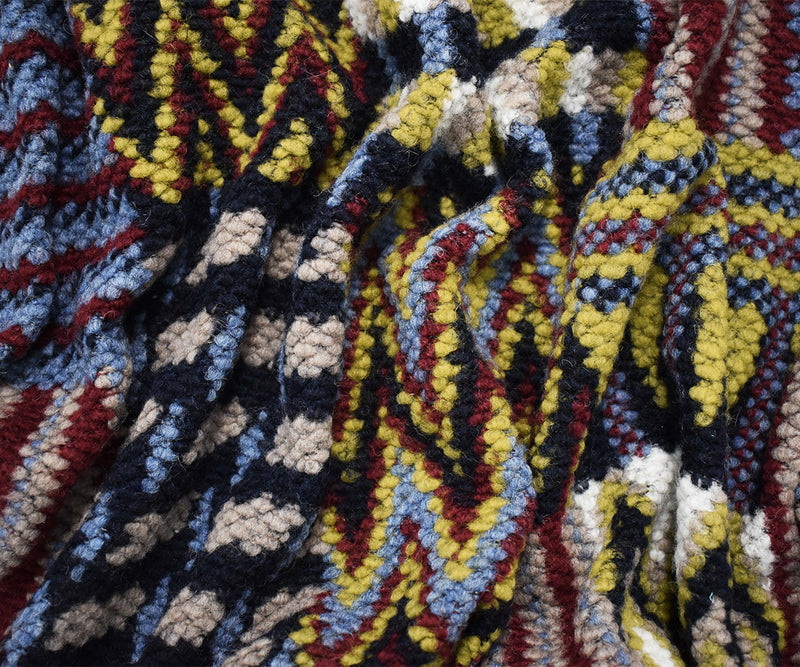 Navy-Red-Multi Italian Boiled Wool-Poly Tribal Pattern Textured Knit Coating Fabric