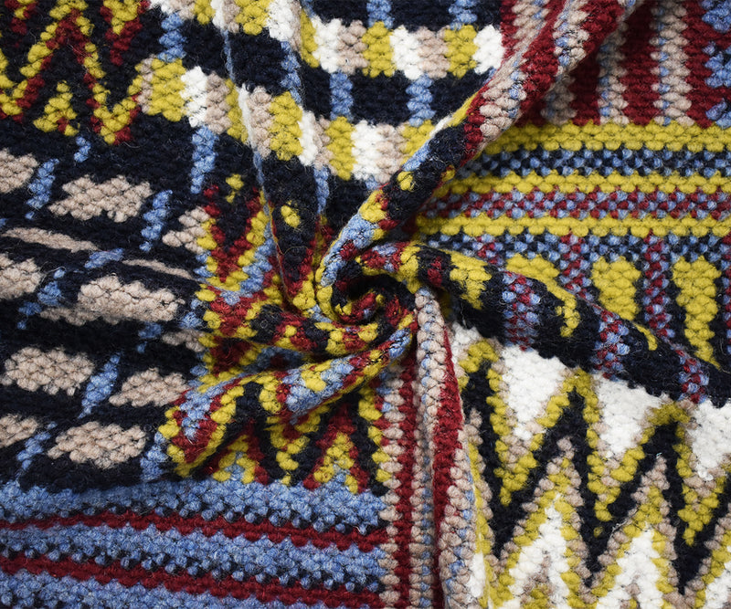 Navy-Red-Multi Italian Boiled Wool-Poly Tribal Pattern Textured Knit Coating Fabric