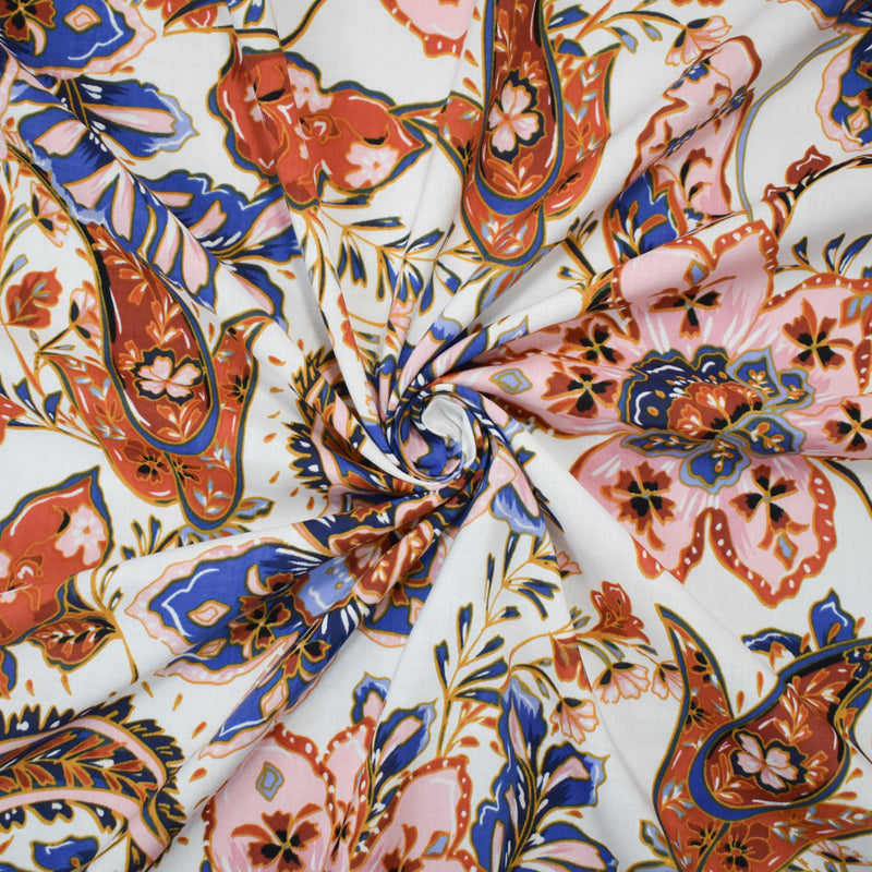Blue-Orange-Multi Cotton-Rayon Floral Printed Lawn Woven Fabric