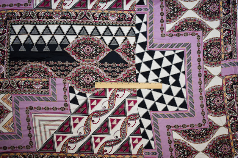Purple-Beige-Multi Polyester Multi Pattern Border Printed Charmeuse Woven Fabric