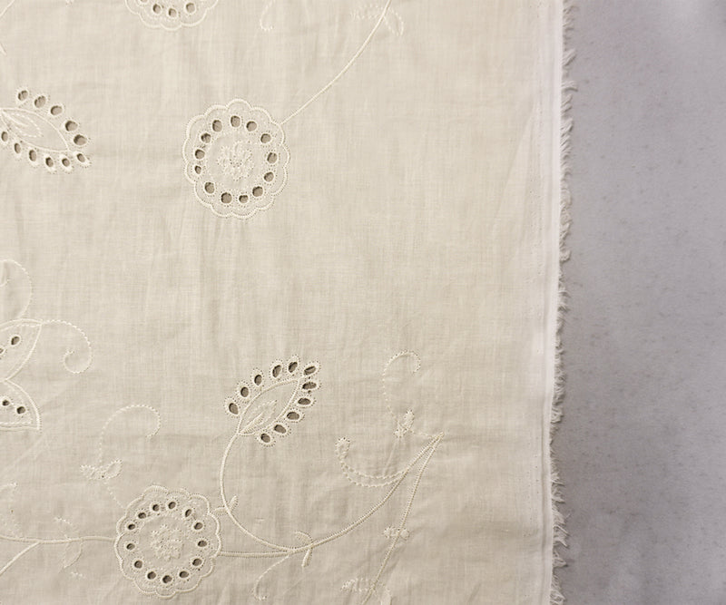 White Cotton Leaf Vine Embroidered Eyelet Voile Woven Fabric