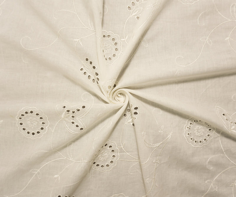 White Cotton Leaf Vine Embroidered Eyelet Voile Woven Fabric