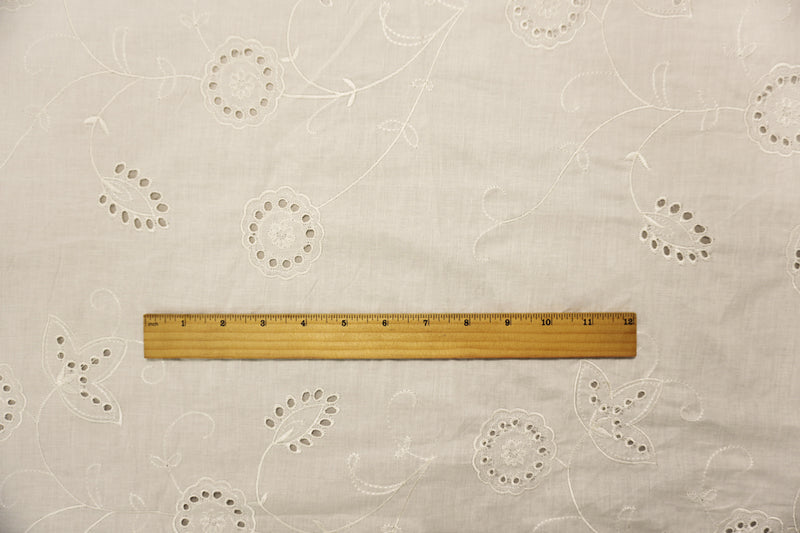 White Cotton Leaf Vine Embroidered Eyelet Voile Woven Fabric