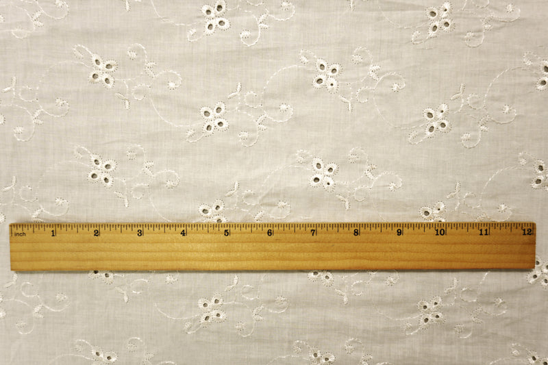 White Cotton Floral Vine Embroidered Eyelet Voile Woven Fabric
