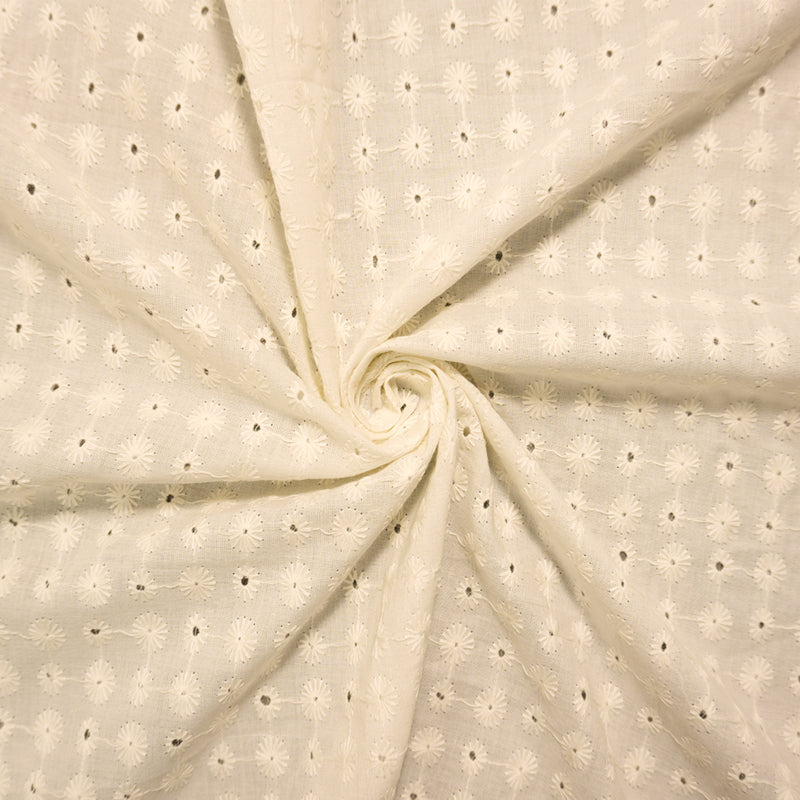 Off-White Cotton Floral Embroidered Eyelet Voile Woven Fabric