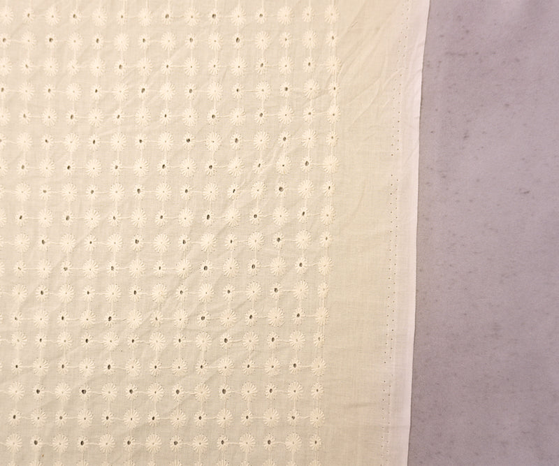 Off-White Cotton Floral Embroidered Eyelet Voile Woven Fabric