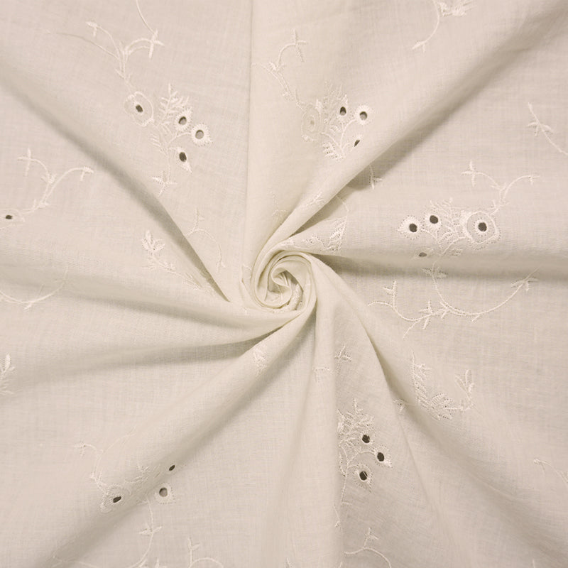 White Cotton Floral Vine Embroidered Eyelet Voile Woven Fabric