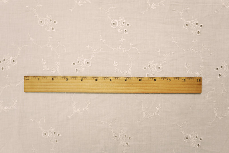 White Cotton Floral Vine Embroidered Eyelet Voile Woven Fabric