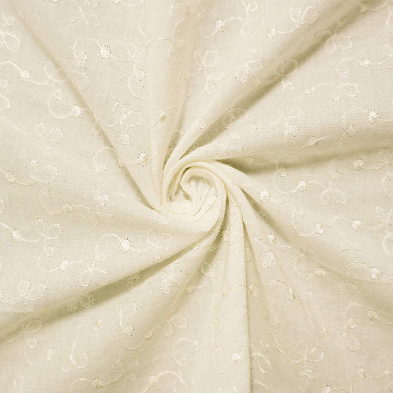 White Cotton Fancy Swirl Embroidered Cotton Voile Woven Fabric