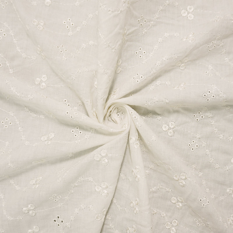 White Cotton Floral Vine Embroidered Eyelet Voile Woven Fabric