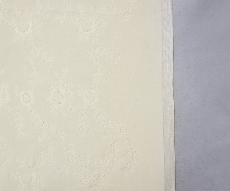 White Cotton Floral Embroidered Velveteen Woven Fabric