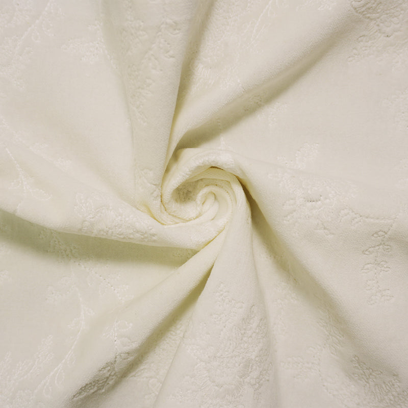 White Cotton Floral Embroidered Velveteen Woven Fabric