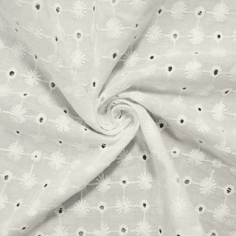 White Cotton Floral Embroidered Eyelet Voile Woven Fabric