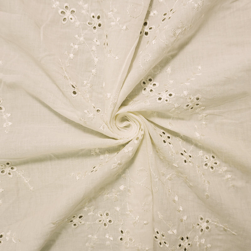 White Cotton Floral Vine Embroidered Voile Woven Fabric