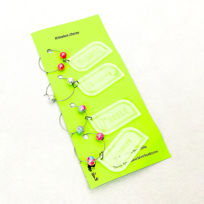 Wineglass Charms Set Of Four with Different Sayings Fabric Fanatics Bead color 1
