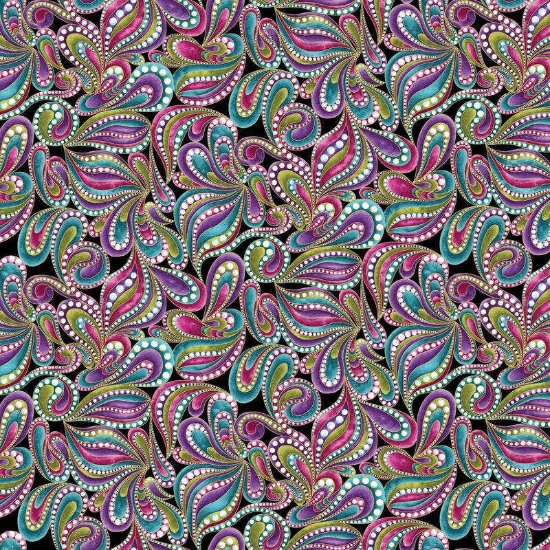 Black Multi Paisley Style Cotton Wideback Fabric Per Yard